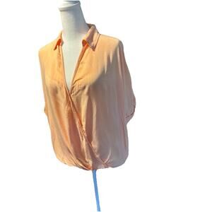 Loft Womens sz L Top Solid Orange Collared Short Sleeve V Neck Faux Wrap